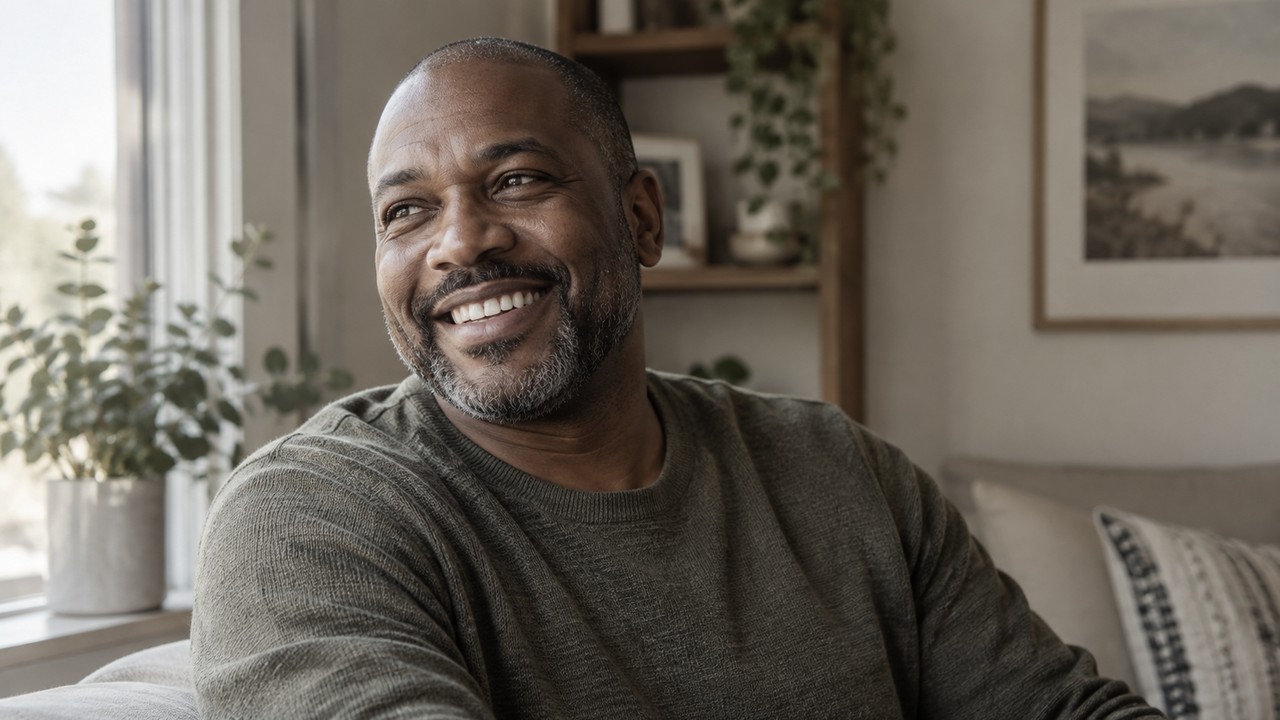 A relaxed adult smiling beside a window
