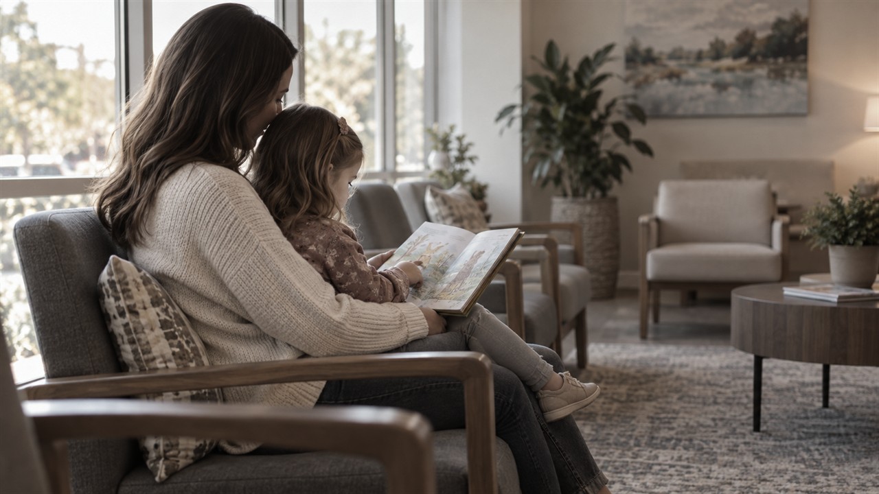 A parent and young child reading a picture book together in a calm waiting area