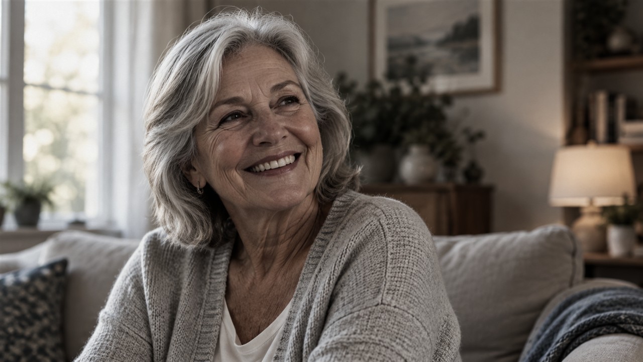 An older adult smiling in a quiet living room