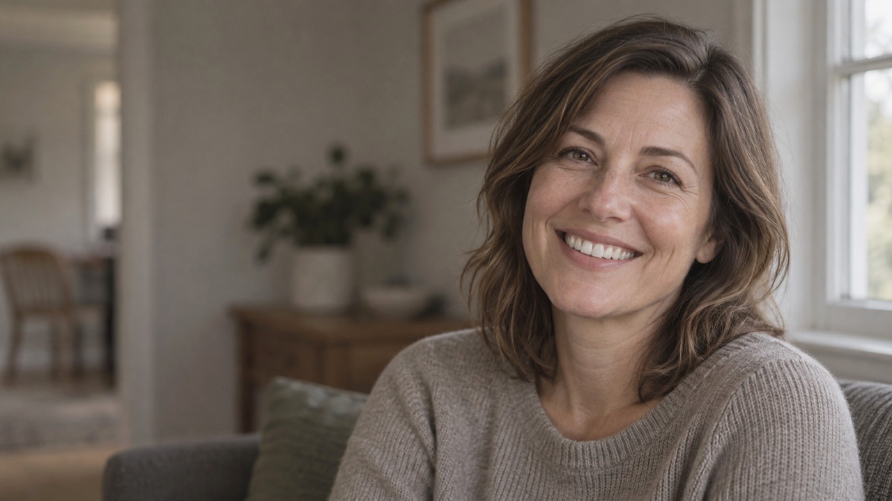 Concept image of a relaxed adult smiling in a warm, quiet room