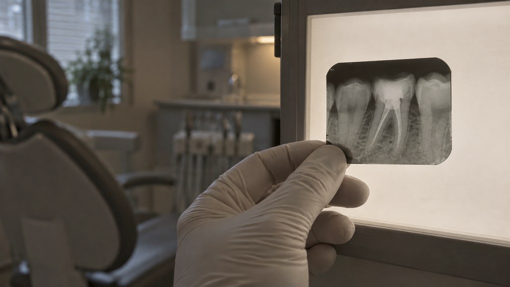 Concept image: a dental x-ray held up to a light panel.