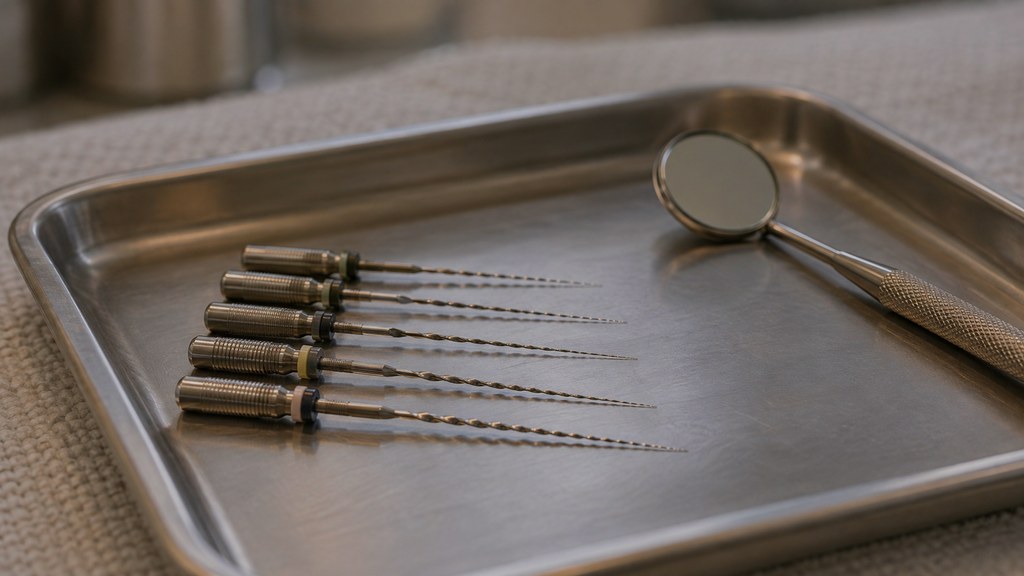 Concept image: fine endodontic files arranged on a sterile tray.
