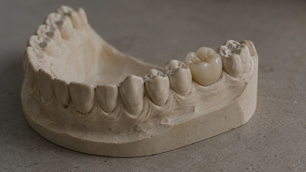 Concept image: a dental model with a finished crown in place.