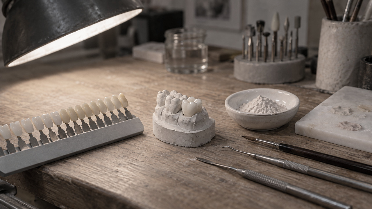 A dental laboratory bench: a porcelain crown on a plaster working model beside a row of shade tabs, a dish of ceramic powder and hand instruments