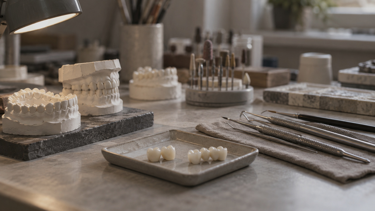 Concept image: a dental laboratory bench with plaster models and hand instruments.