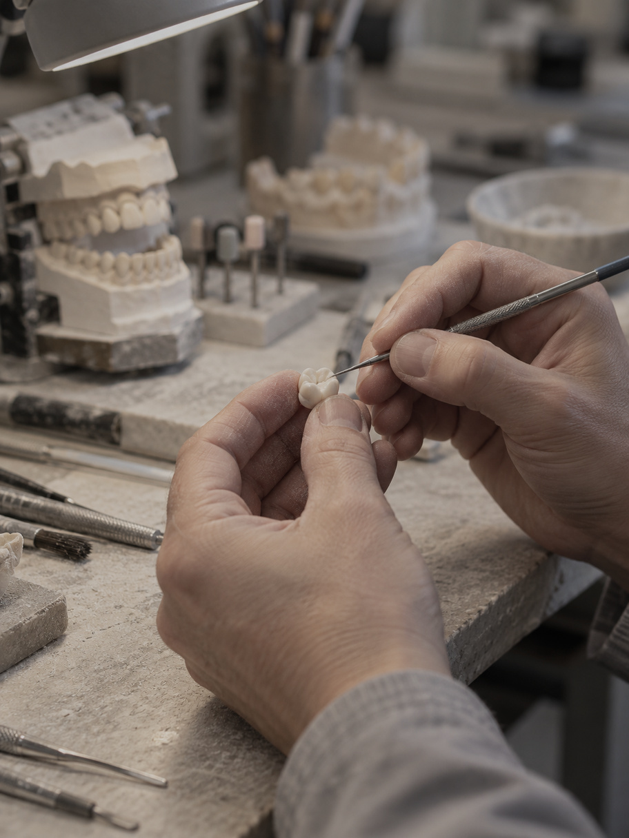 Concept image: a technician's hands shaping a porcelain crown at a laboratory bench.