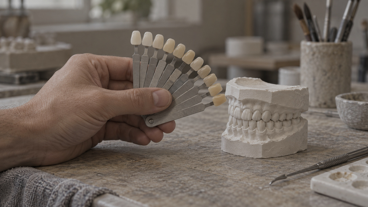 Concept image: a porcelain shade guide held beside a plaster model.