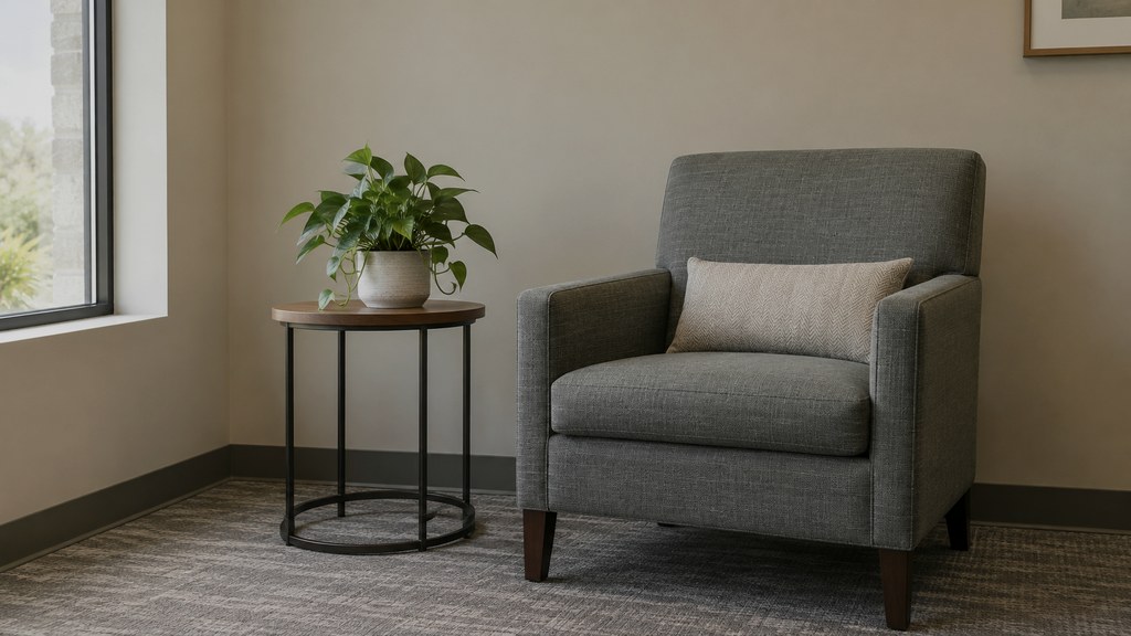 Concept photograph of a quiet waiting room corner with a chair and a plant