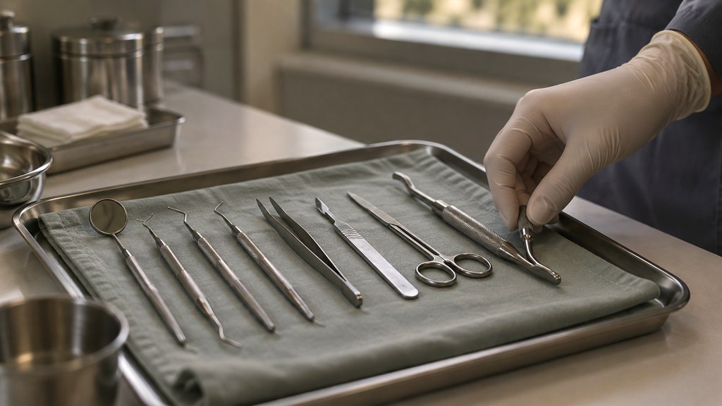 Concept image: sterile dental instruments laid out on a tray.