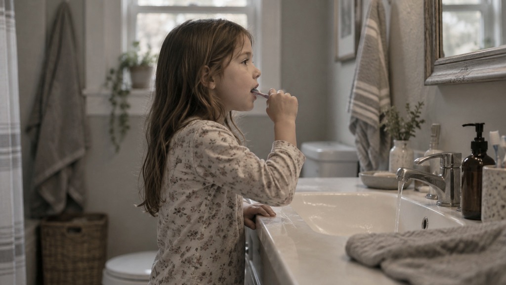 Concept image of a child brushing their teeth at a home bathroom sink