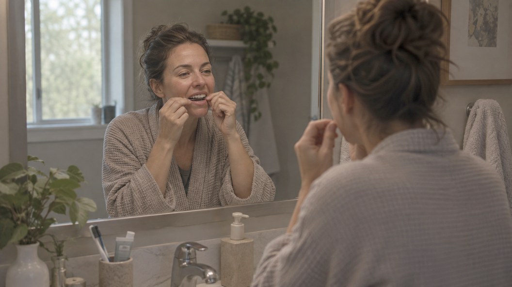 Concept image: a woman flossing at a bathroom mirror in morning light.