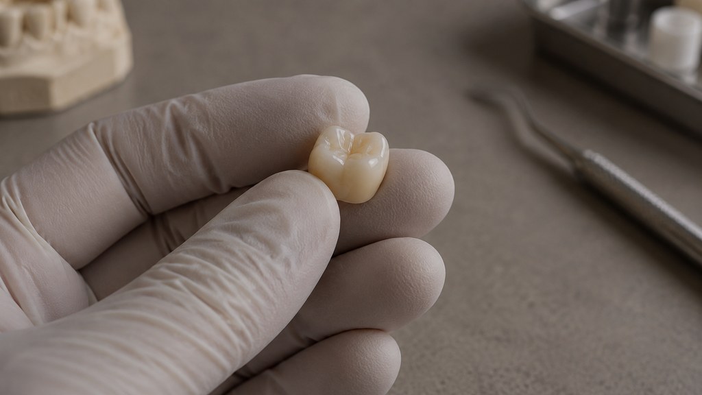 Concept image: a finished porcelain crown held in a gloved hand.