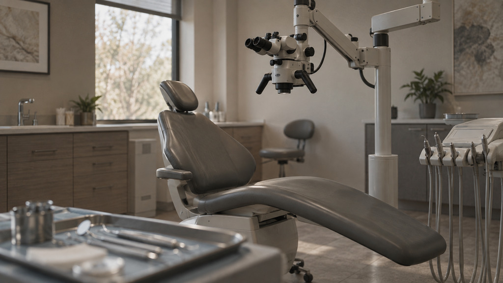 Concept image of a quiet treatment room with an operating microscope beside an empty chair