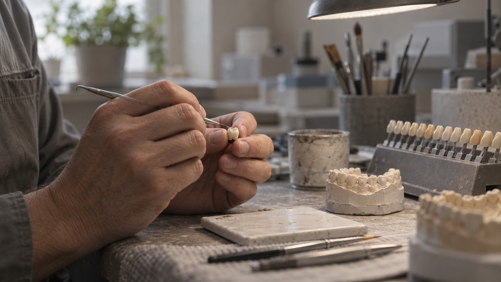 Concept image of a technician shaping a porcelain crown at a laboratory bench