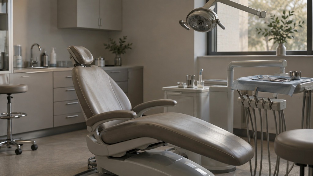 Concept image of an empty treatment chair in a quiet surgical room
