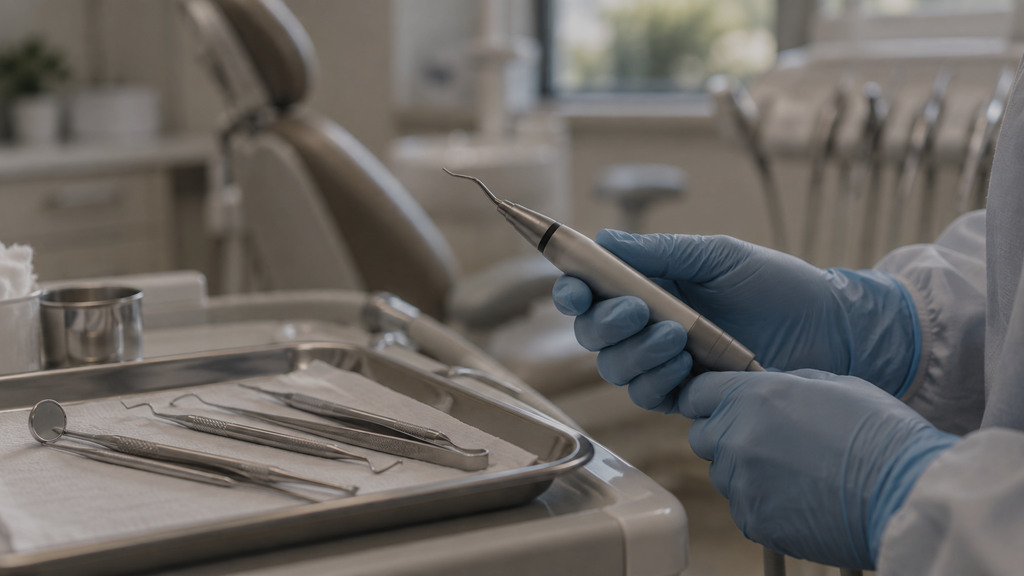 Concept image of gloved hands holding a slim scaler above an instrument tray