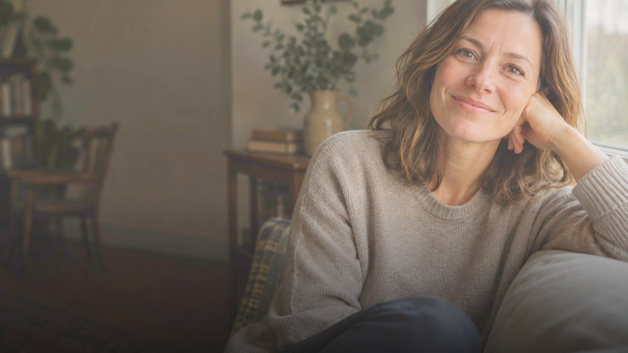 A relaxed adult patient smiling beside a window
