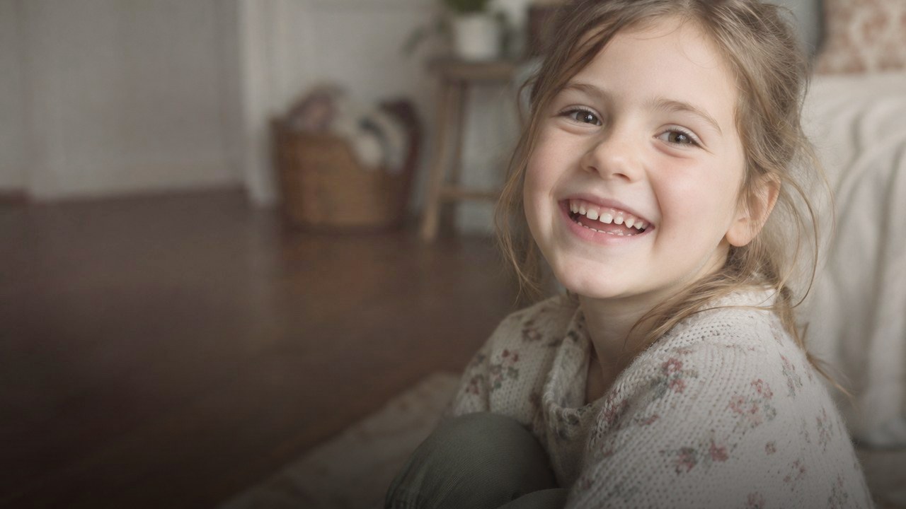 A smiling young child in a softly lit room