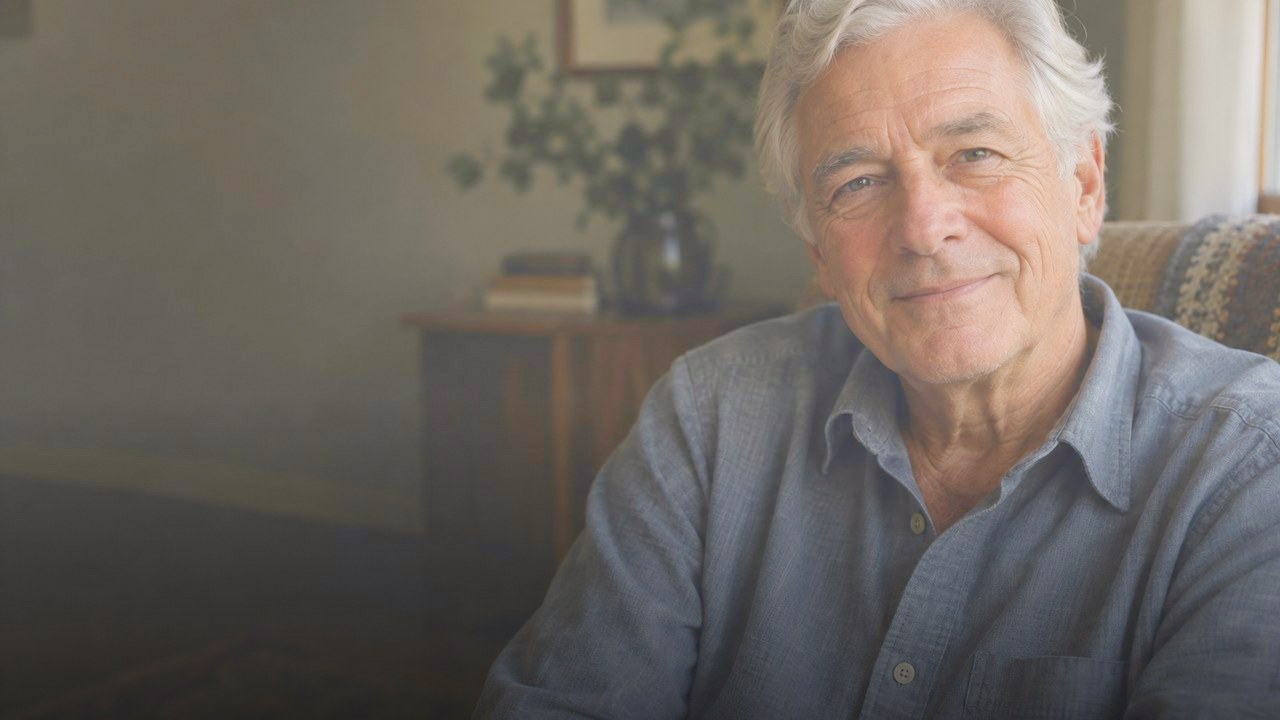 An older adult patient smiling in a quiet interior
