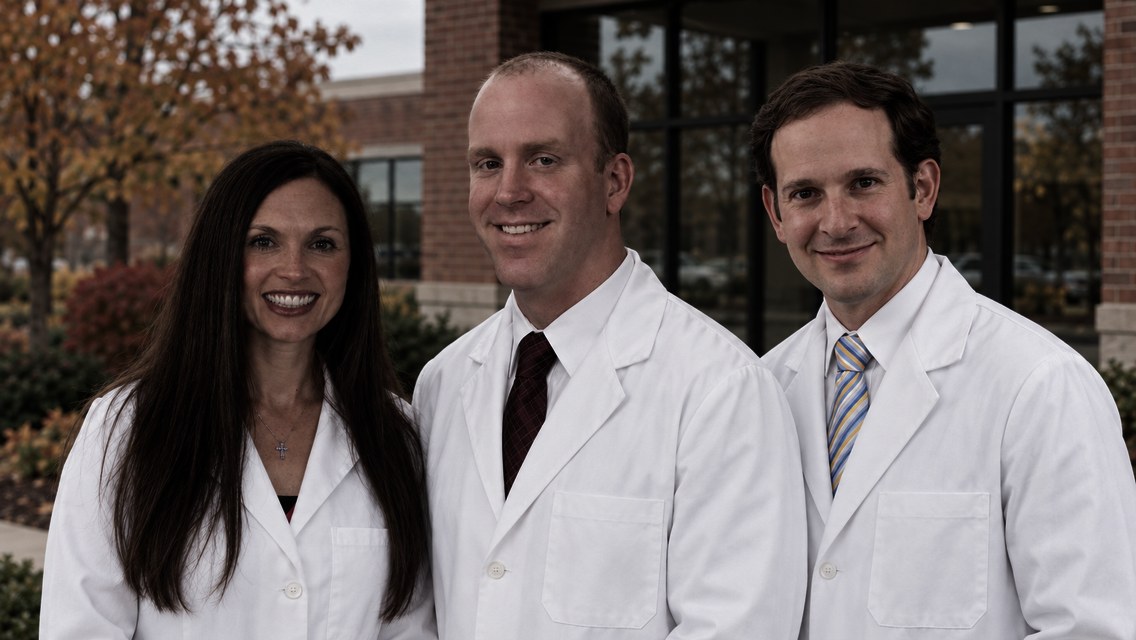 Dr. Janna Danbe, Dr. Mark Danbe and Dr. Dov Hook in white clinic coats, standing together outside an office building